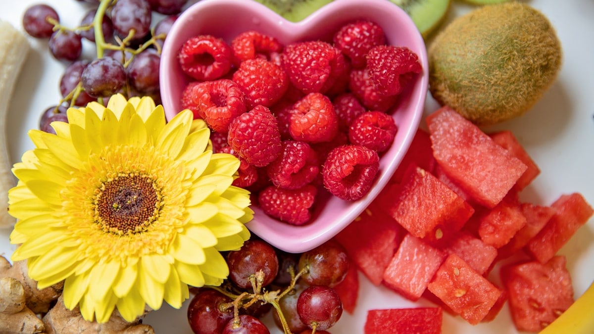 Fruit Raspberries Kiwi Watermelon Flowers Ginger Bananas Pineapple Flatlay